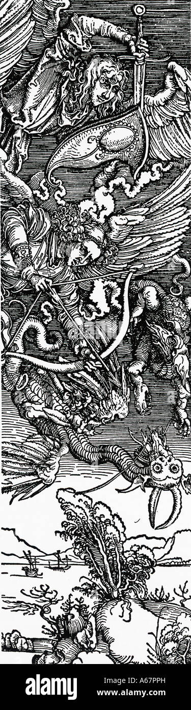 L'arcangelo Michele batte il serpente sevenheaded dall'Apocalisse di San Giovanni Foto Stock