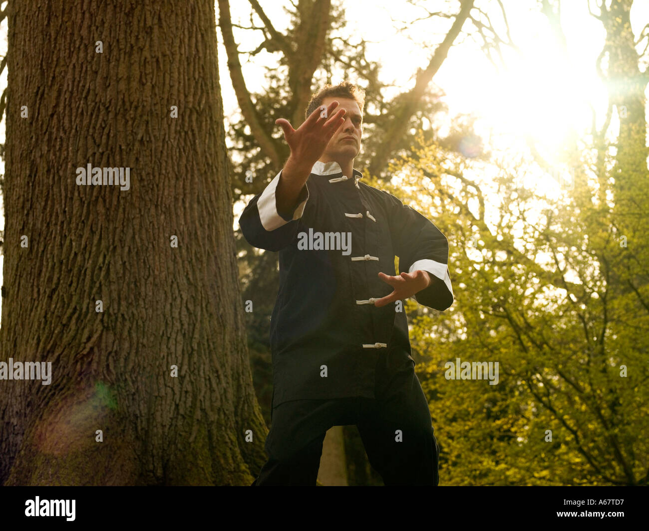 30 s maschio di praticare il tai chi in legno Foto Stock