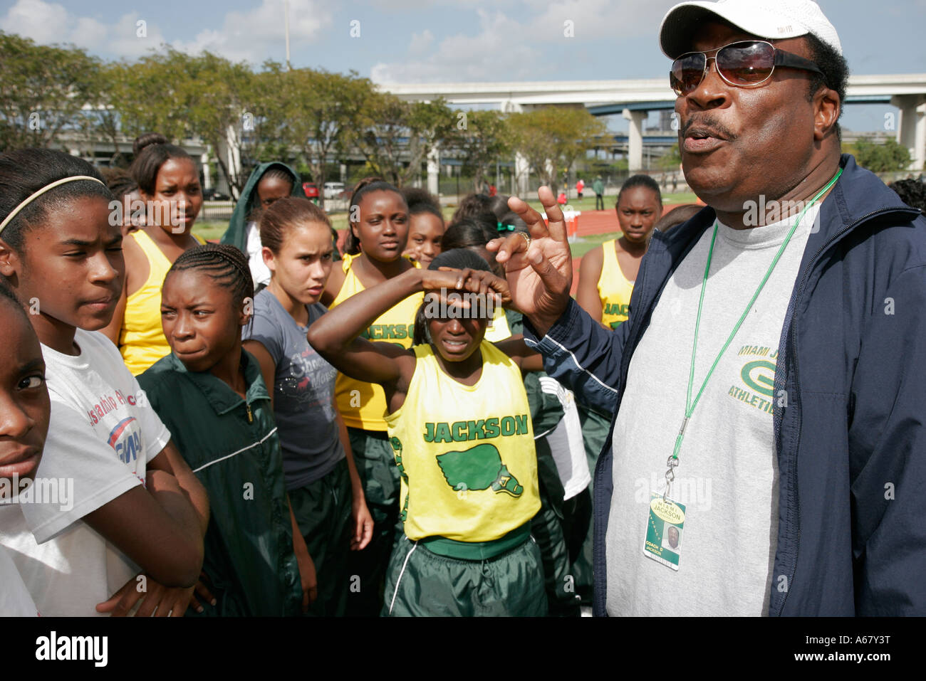 Miami Florida,Overtown,Booker T. Washington High School,campus,scuola pubblica incontri,studenti sportivi competizione,sforzo,abilità,uomo nero Foto Stock