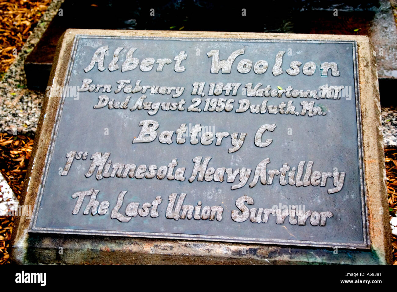 Placca a Albert Woolson statua ultimo Union Army superstite della guerra civile al Lago Superior Railroad Museum. Duluth Minnesota USA Foto Stock