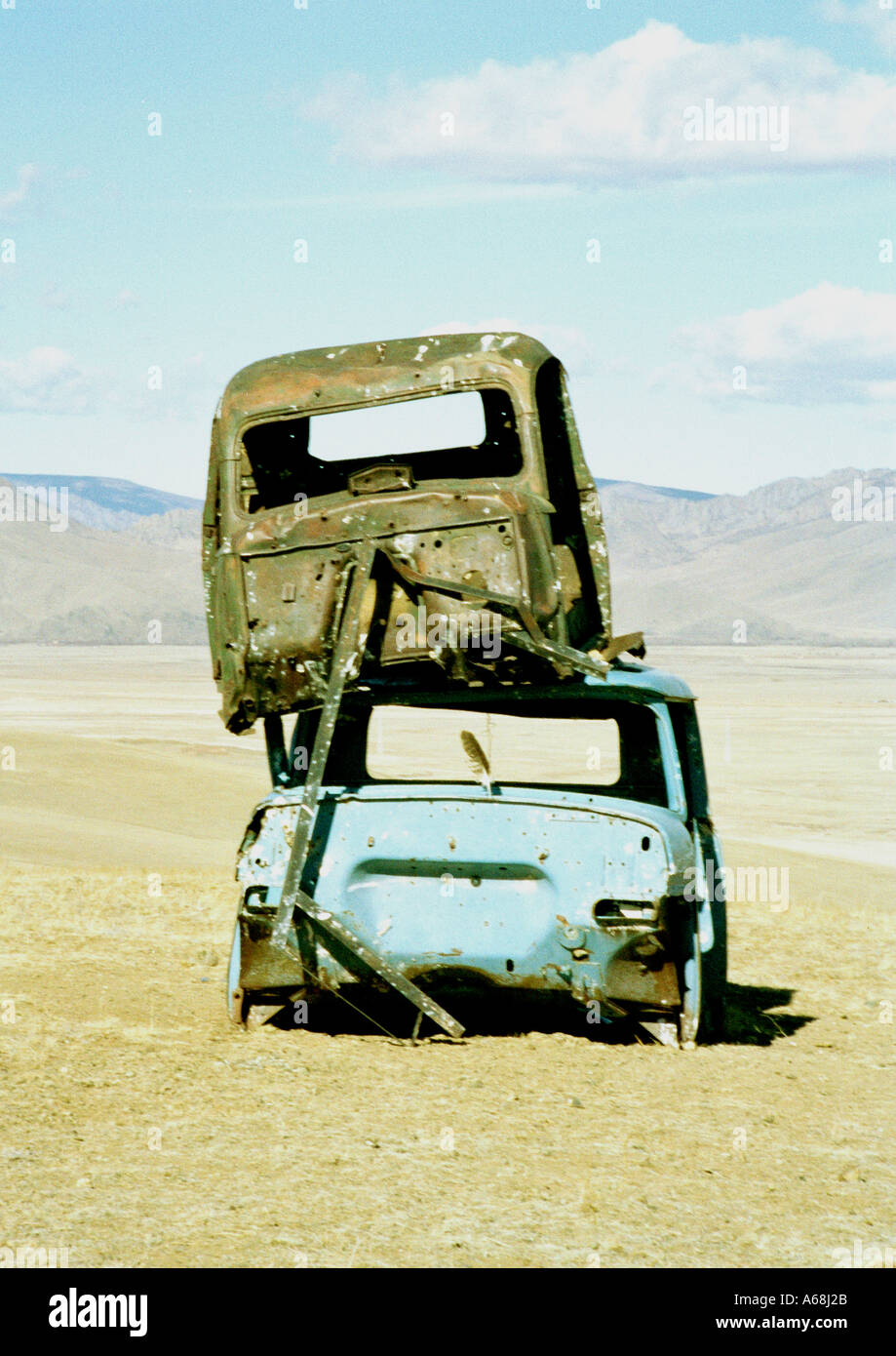 Segno auto post, deserto dei Gobi, Mongolia, Ottobre 2002 Foto Stock