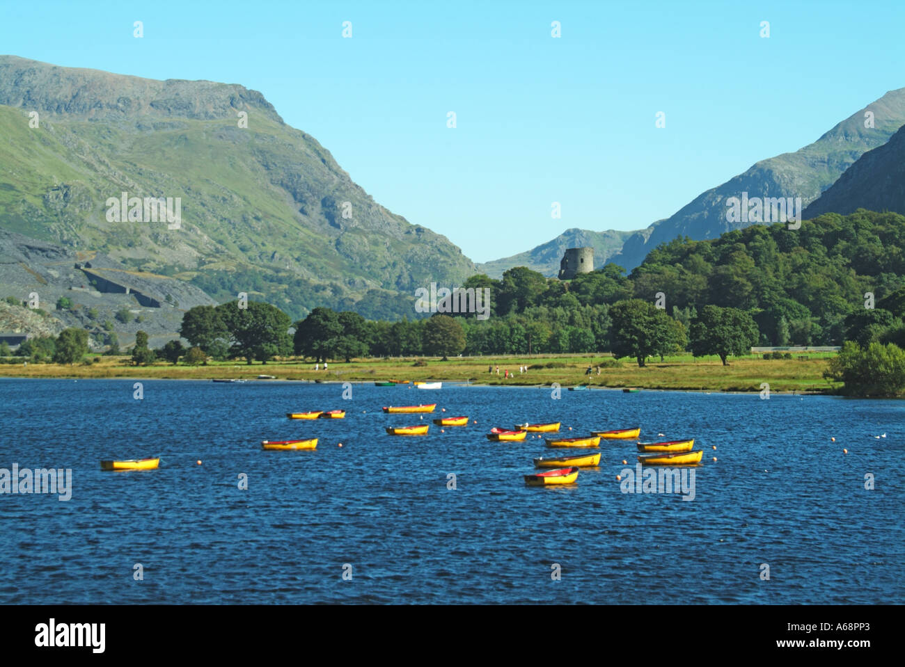 Llyn Padarn una morena glacially dammed formata sul lago con le barche a remi e torre in rovina di Dolbadarn Castle a Llanberis Snowdonia Gwynedd North Wales UK Foto Stock