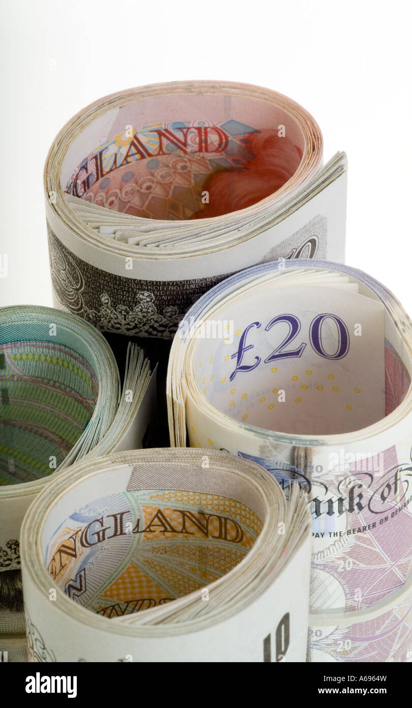Rotoli di £ 5 £10, £20, £50 British banconote Foto Stock