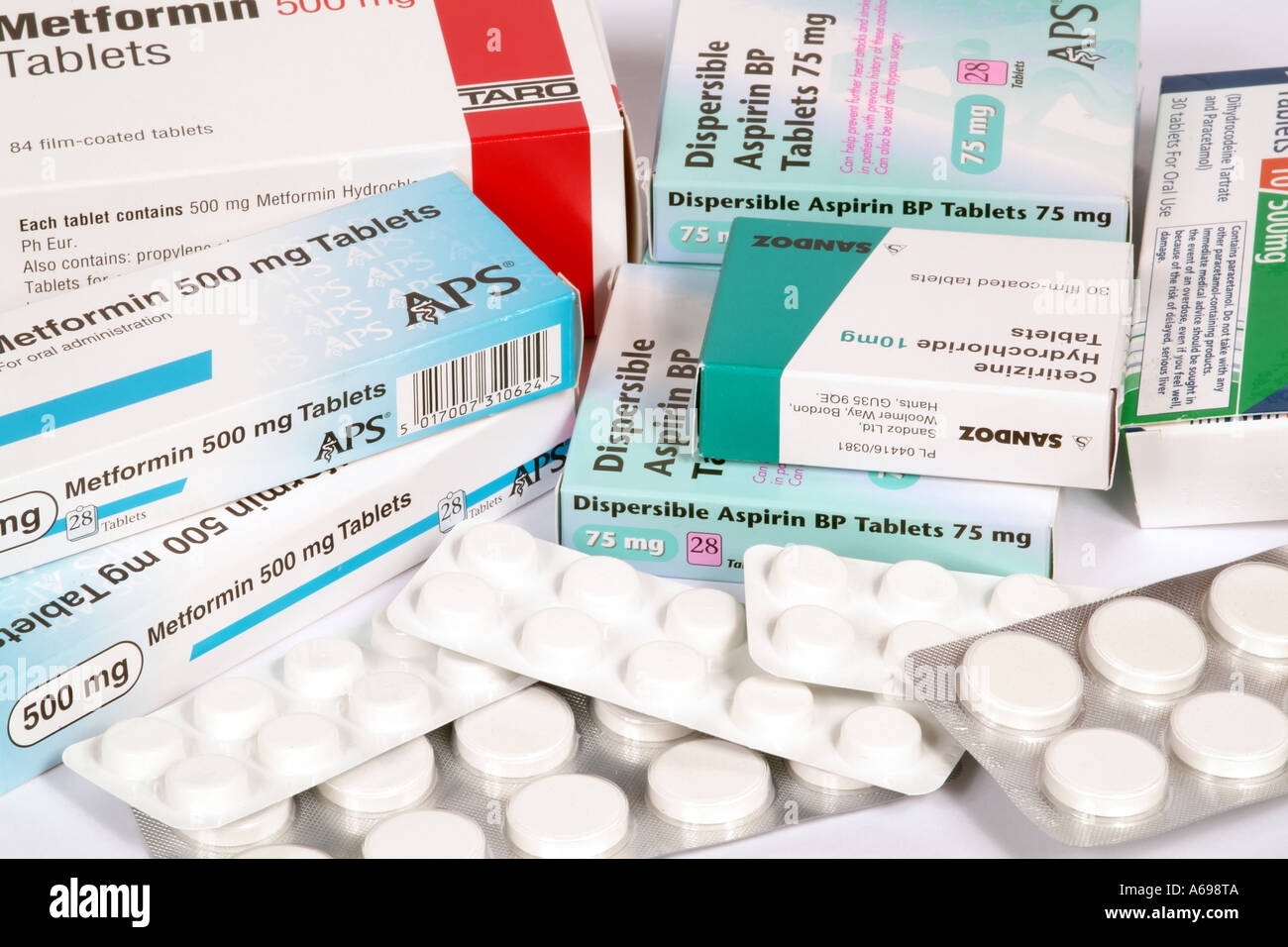 Prescrizione medica pacchetti scatole e vassoi di farmaci pillole compresse  Foto stock - Alamy