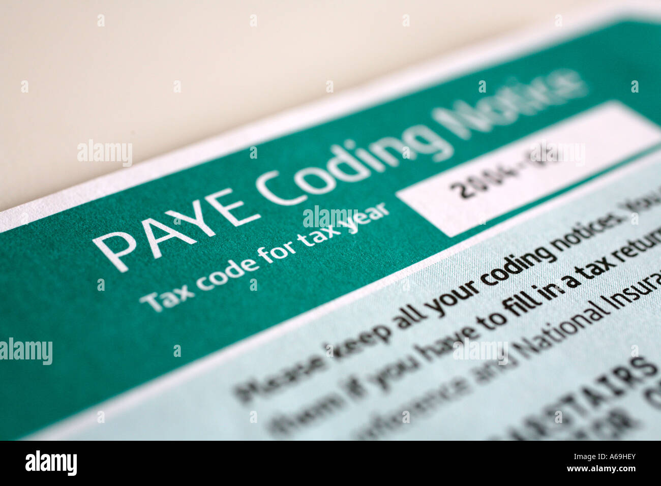 PAYE avviso di codifica Foto Stock