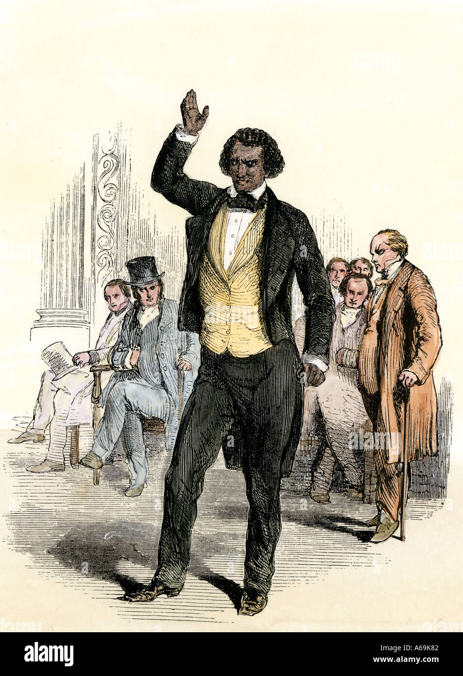 Frederick Douglass parlando in Inghilterra sulla sua esperienza come uno schiavo negli Stati Uniti 1850s. Colorate a mano la xilografia Foto Stock