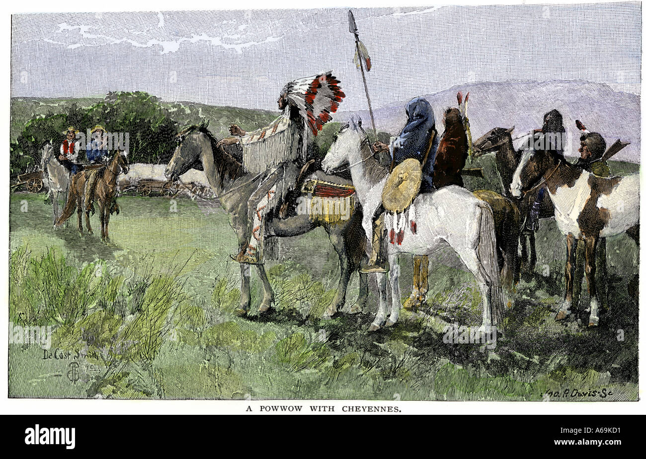I coloni bianchi aventi un parley con Cheyenne indiani 1800s. Colorate a mano la xilografia Foto Stock