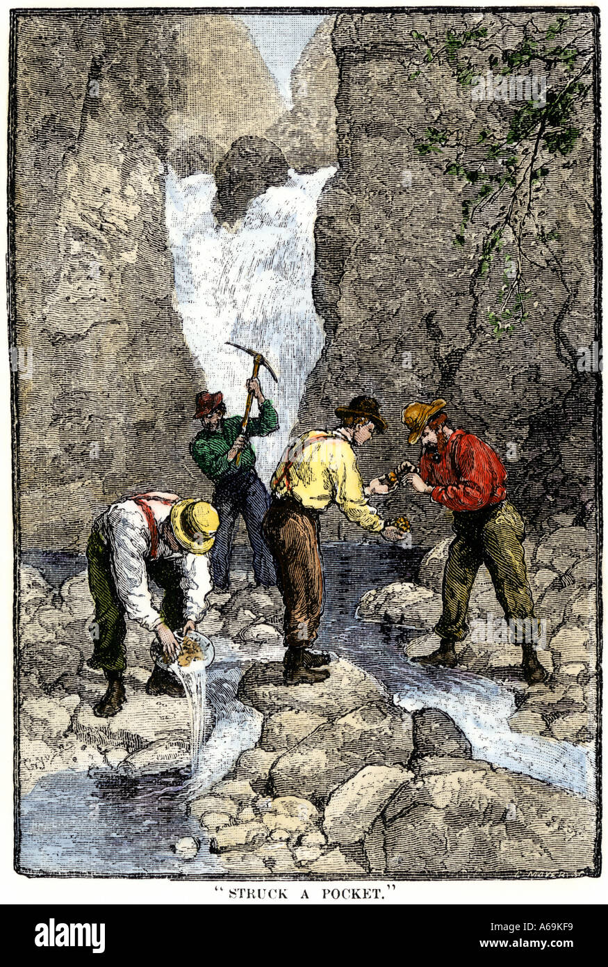 I cercatori di trovare oro in un flusso di Georgia 1800s. Colorate a mano la xilografia Foto Stock