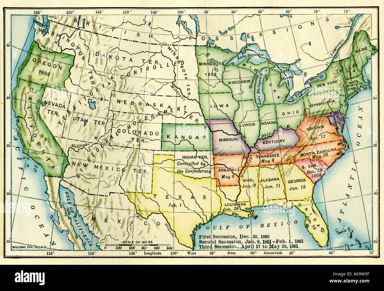 Noi mappa che mostra separazione membri da noi data la Guerra Civile del 1860 e 1861. Litografia a colori Foto Stock