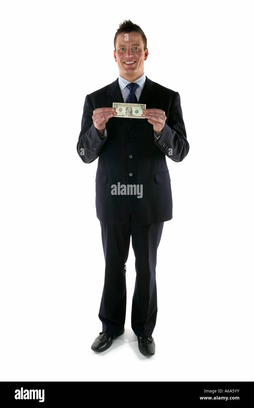 Imprenditore tenendo premuto fino a un dollaro Foto Stock