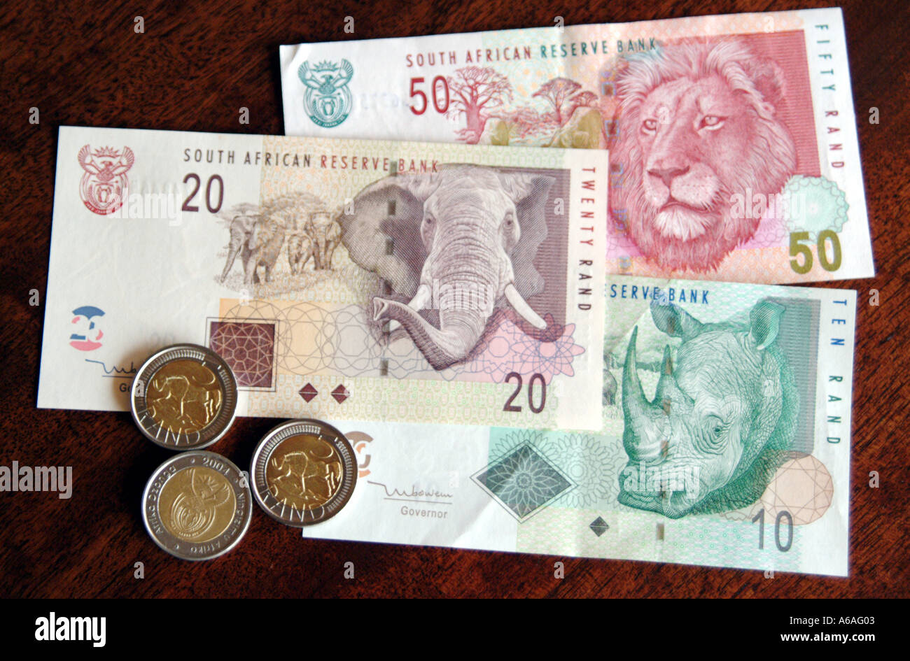 Cassa e banconote di Sud Africa RSA rand nuove banconote e monete Foto Stock