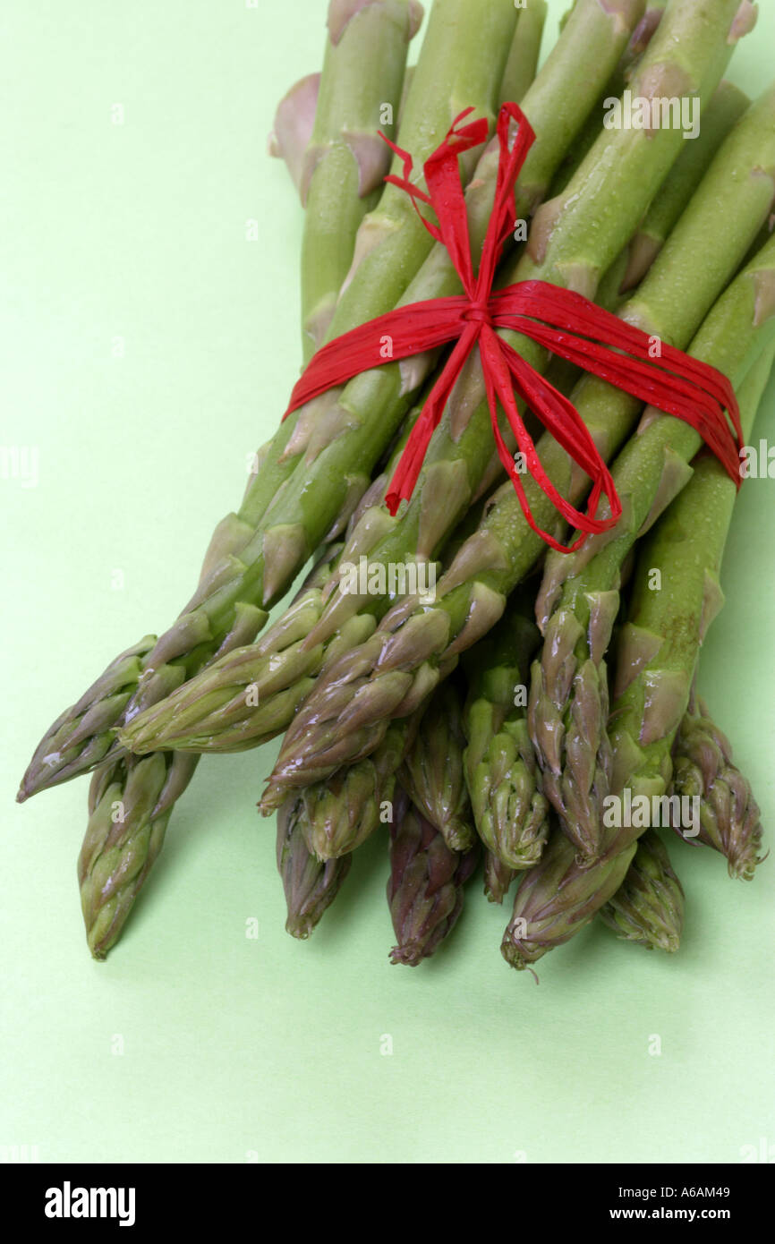 Mazzetto di asparagi freschi suggerimenti legati con rafia rossa. Foto Stock