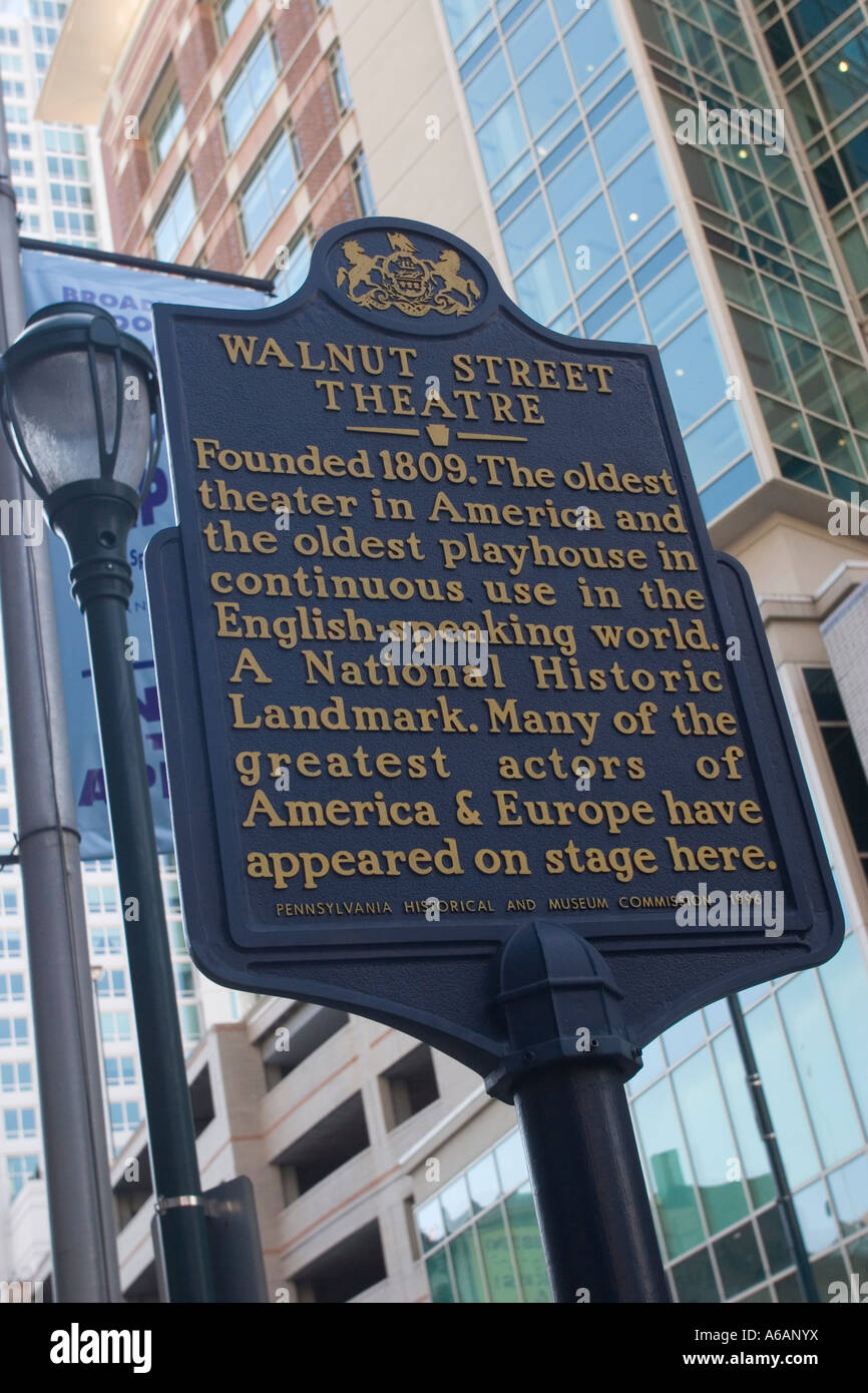 Walnut Street Theatre segno del marcatore di Filadelfia in Pennsylvania USA Foto Stock