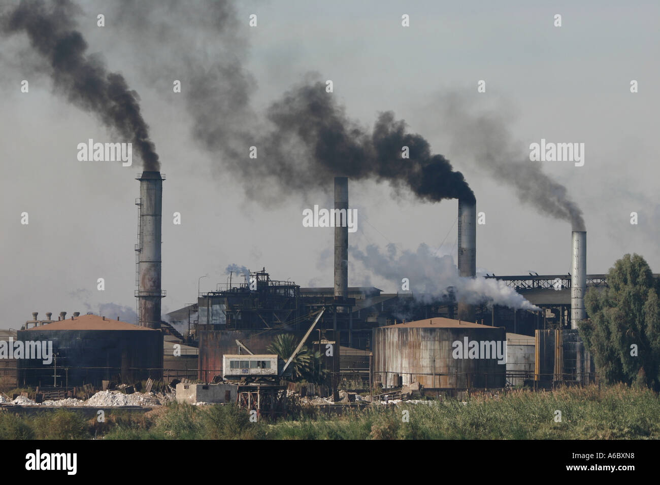 La canna da zucchero di fabbrica di trasformazione fuoriesce fumo fuori dai camini lungo il Nilo Foto Stock