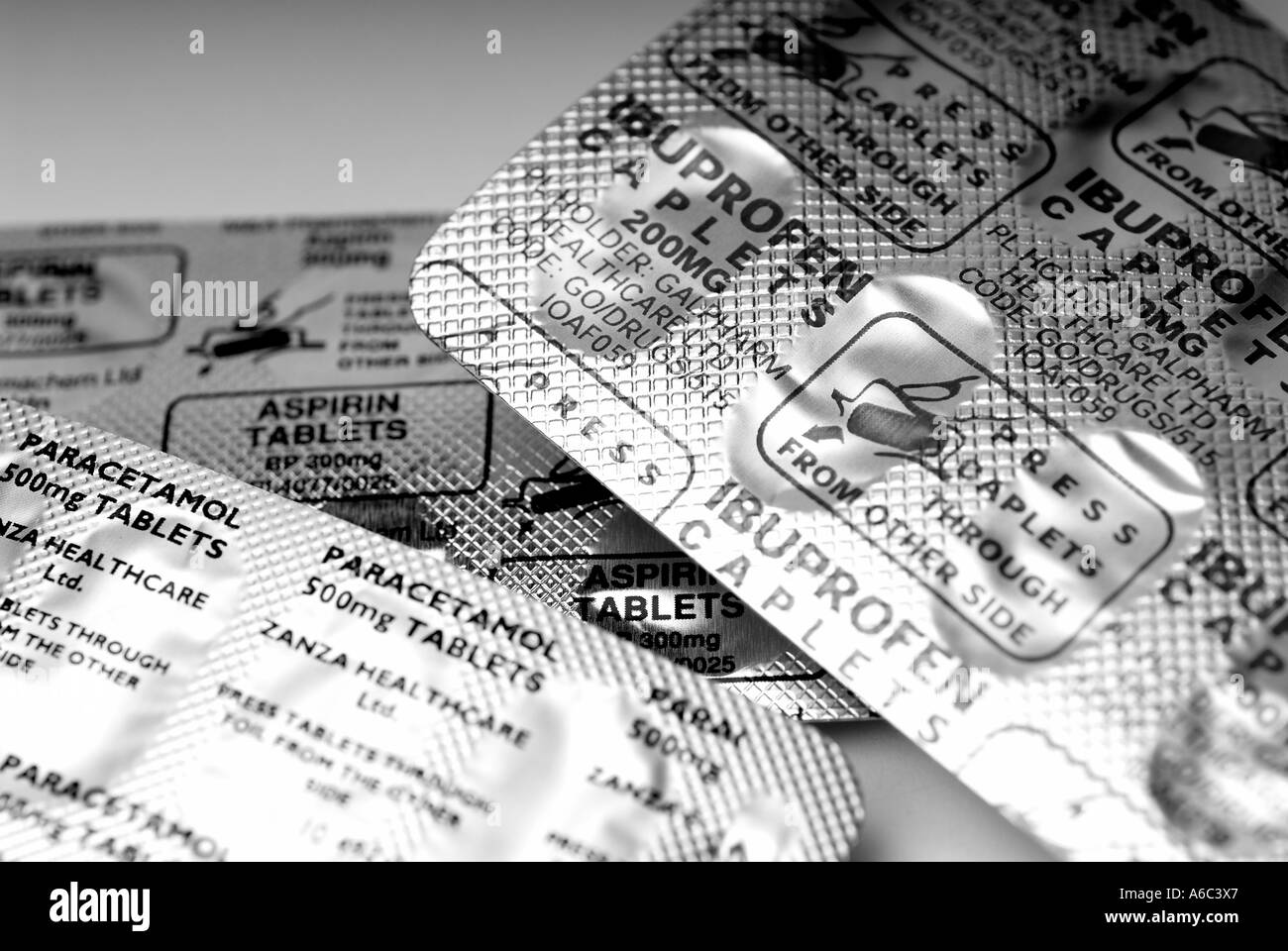 Confezione Blister antidolorifici,farmaco, healthcare, aspirina ,Paracetamolo medical,pharmaceutics, ibuprofene farmaceutica,compresse, Foto Stock