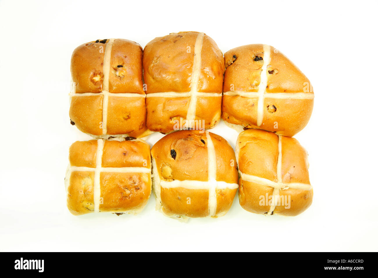 Mezza dozzina di hot Cross Buns su sfondo bianco Foto Stock