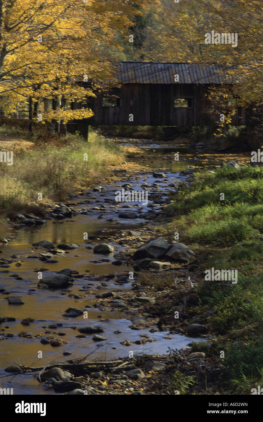 L'acqua che scorre sotto un ponte coperto, Grafton, Vermont, USA Foto Stock