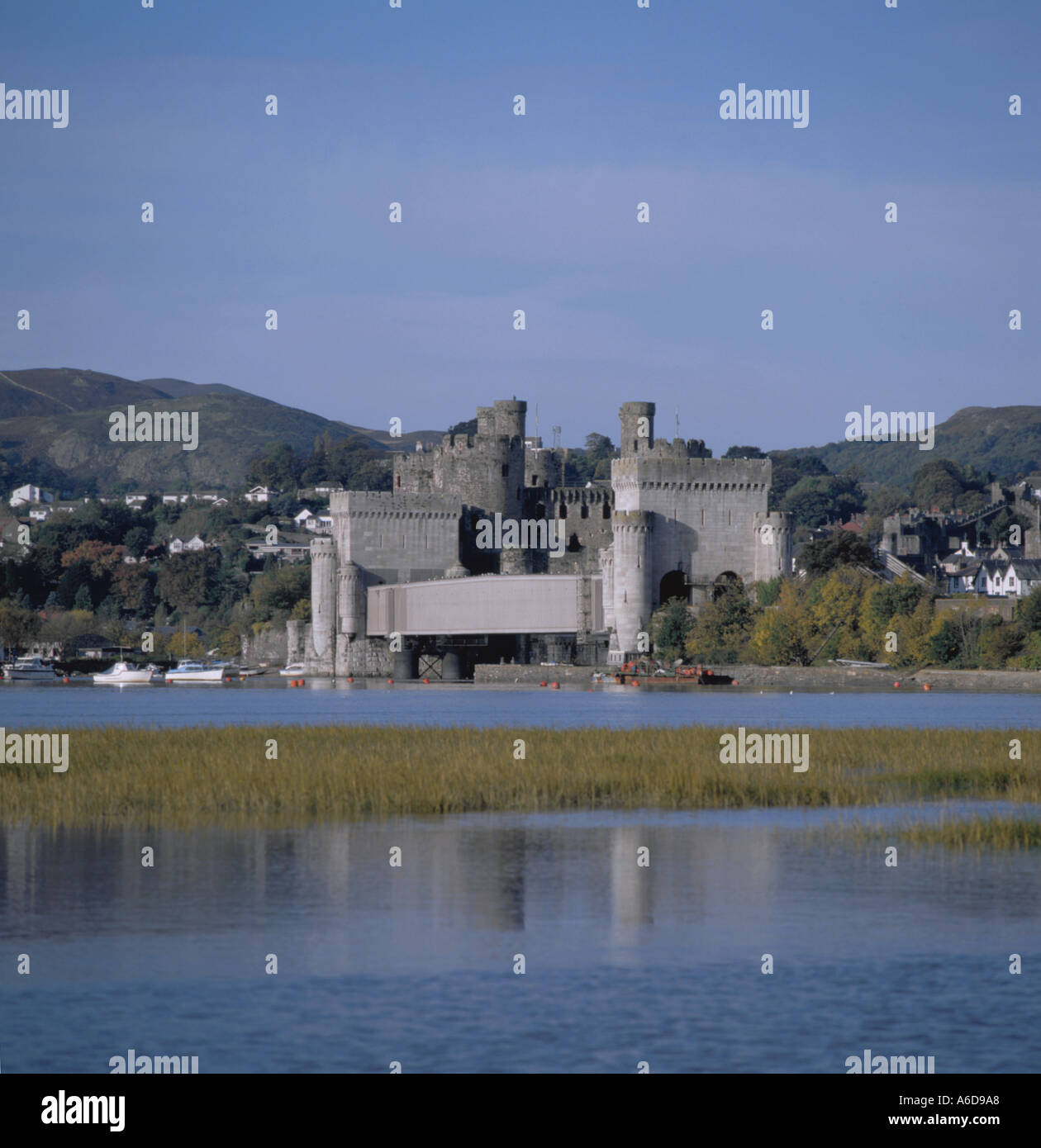Conwy Castle e Stephenson tubolare del Ponte Ferroviario sul fiume Conwy, Conwy, Gywnedd, Galles del Nord, Regno Unito Foto Stock