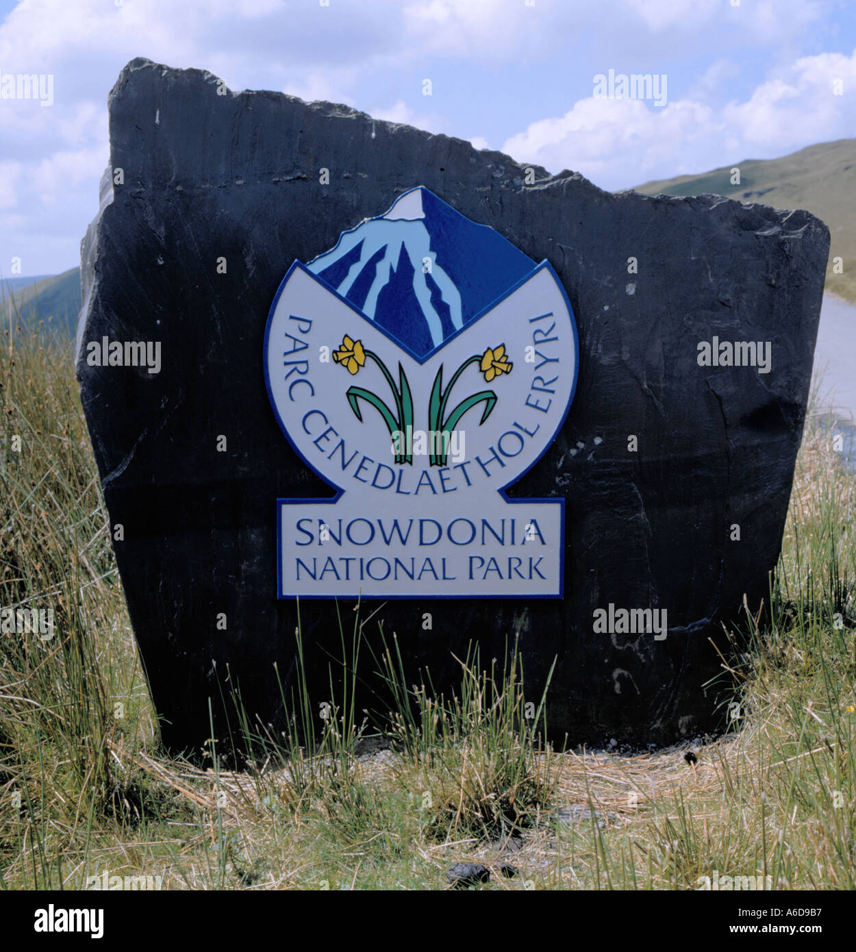 Parc Cenedlaethol Eryri (Parco Nazionale di Snowdonia) segno, Gwynedd, Galles del Nord, Regno Unito. Foto Stock