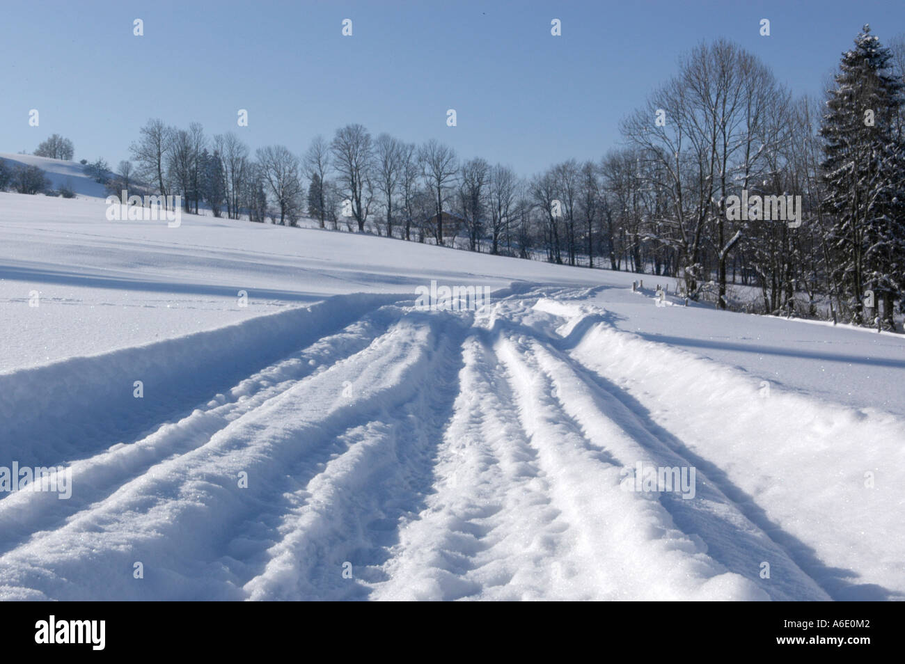 Paesaggio Innevato con ampia pista Foto Stock