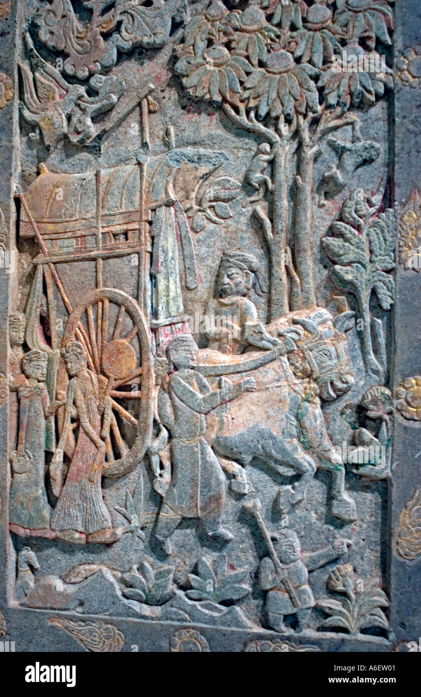 Scultura funebre di arte antica cinese "Low Relief" che mostra "la via della seta" a Parigi "Museo delle Arti Asiatiche" Musee guimet, dettaglio Foto Stock