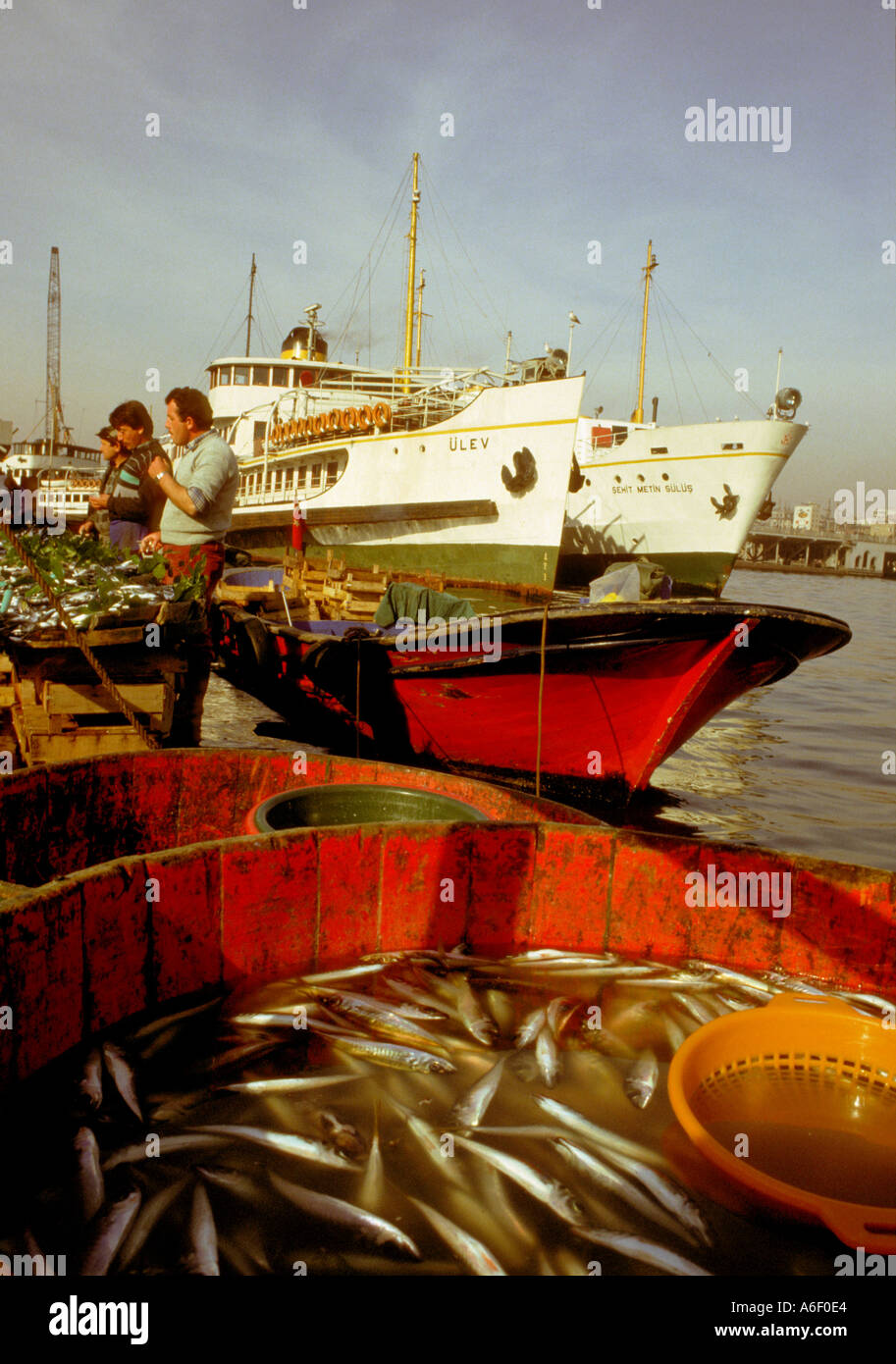 Venditori di pesce Eminonu Istanbul Foto Stock