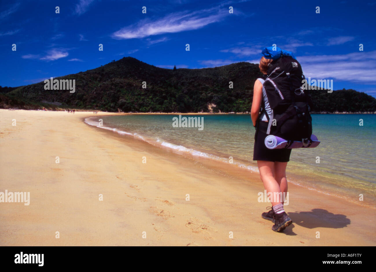 Escursionista presso Onetahuti Bay sull'Abel Tasman Coast Via Parco Nazionale Abel Tasman Isola del Sud della Nuova Zelanda Foto Stock