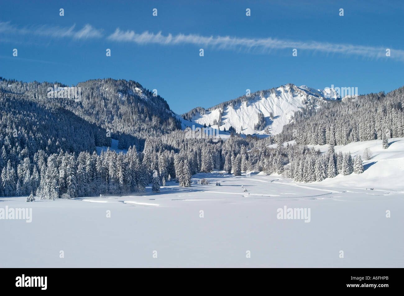 La coperta di neve Spitzingsee Lago Spitzing Alta Baviera Germania Foto Stock