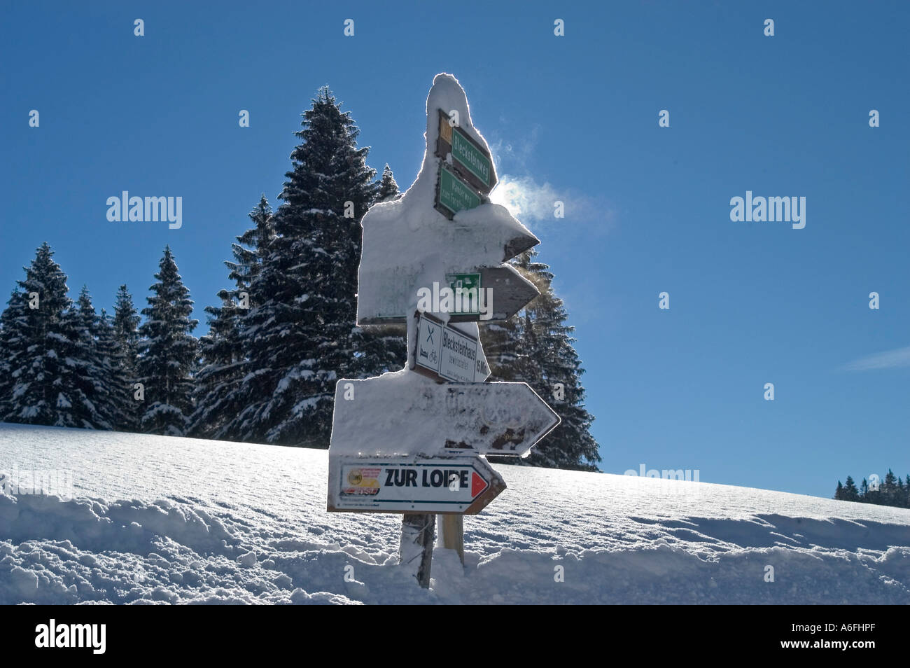Cartelli segnaletici di ito la pista di sci di fondo in valle Valepp Spitzingess vicino lago Spitzing Alta Baviera Germania Foto Stock
