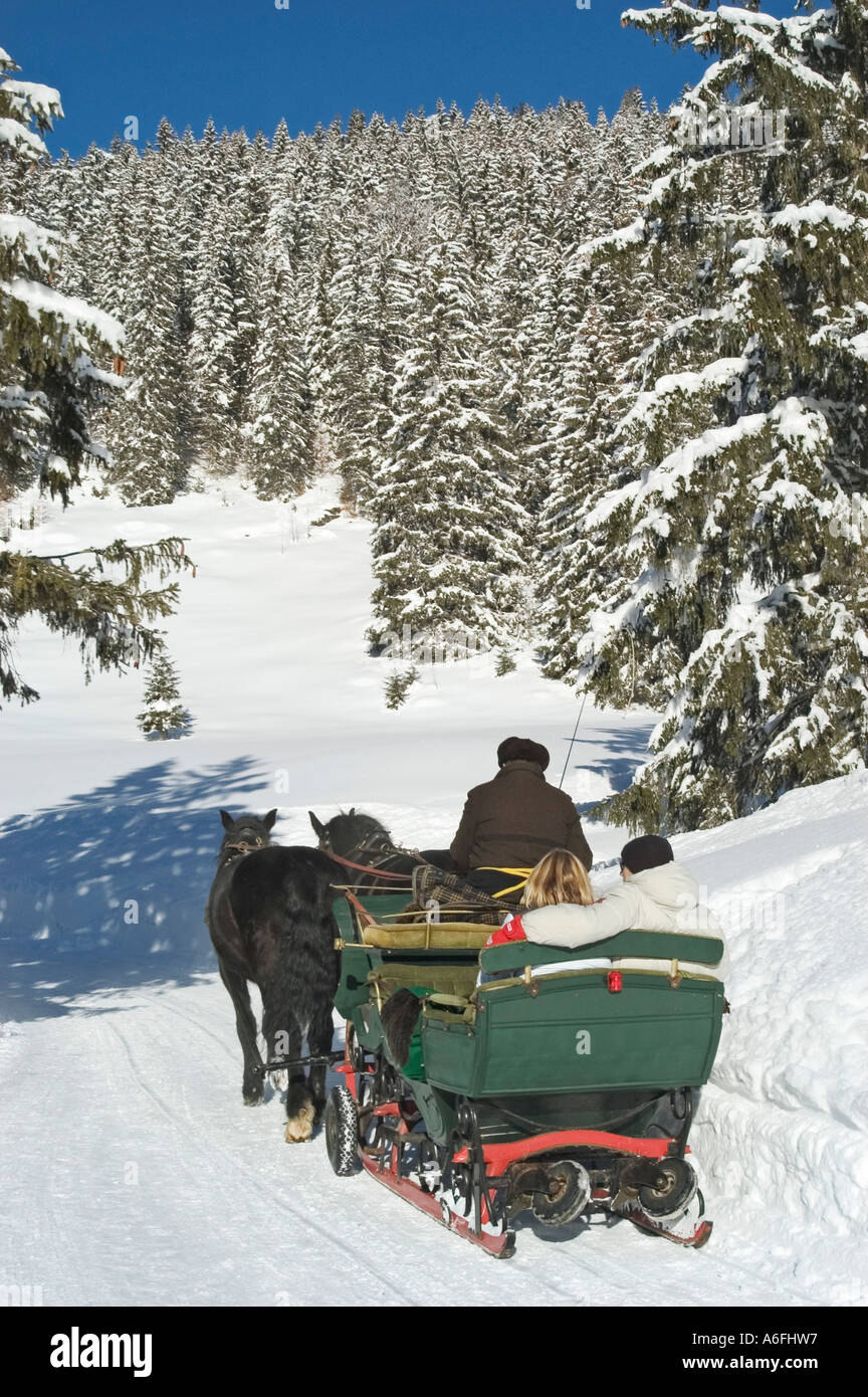 Sleigh in inverno Valepp vicino Lago Spitzingsee Spitzing Alta Baviera Germania Foto Stock