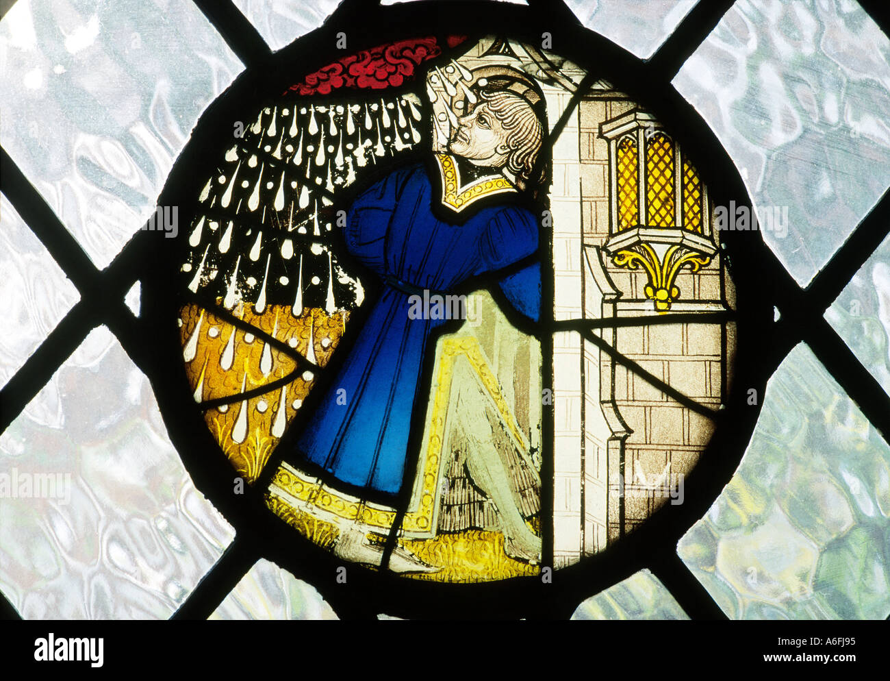 Medievale di vetro macchiato Roundel St George Tombland Norwich Norfolk East Anglia England Regno Unito costume medievale persone xv secolo Foto Stock