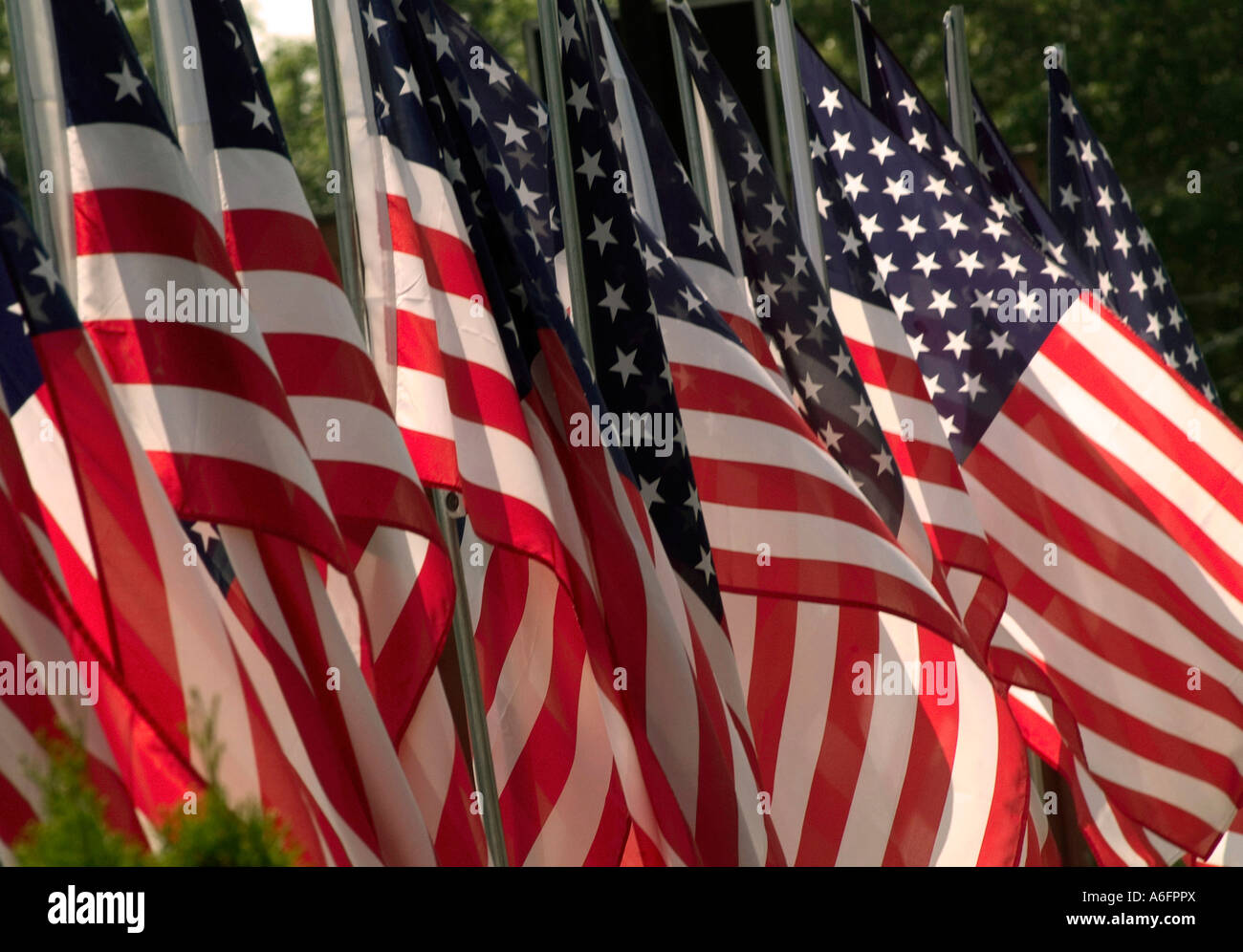 Bandierine americane lungo la banchina Long Island NY Foto Stock