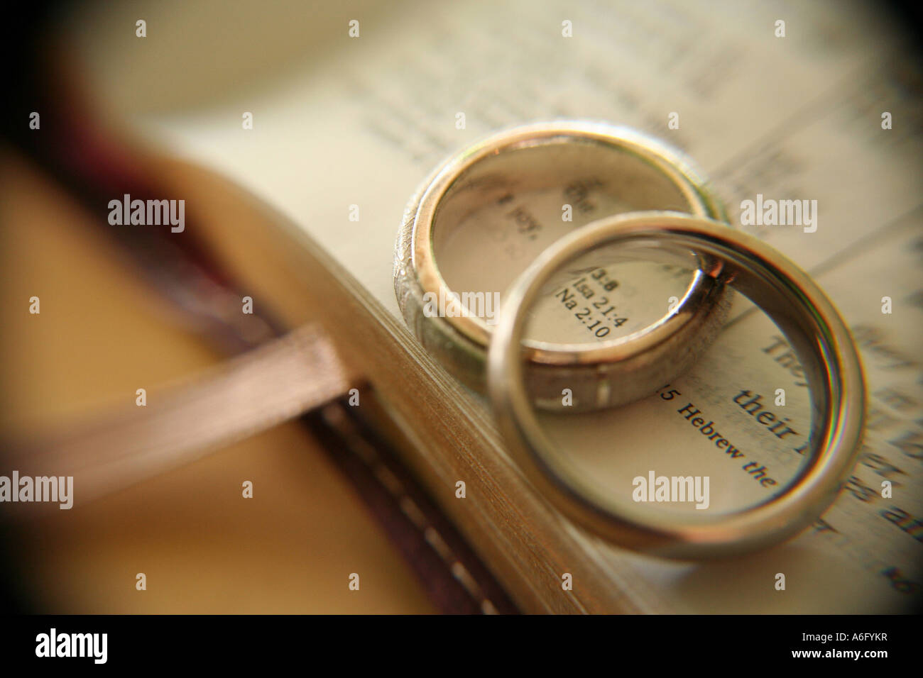 Due oro bianco anelli di nozze su una Bibbia aperta Foto Stock