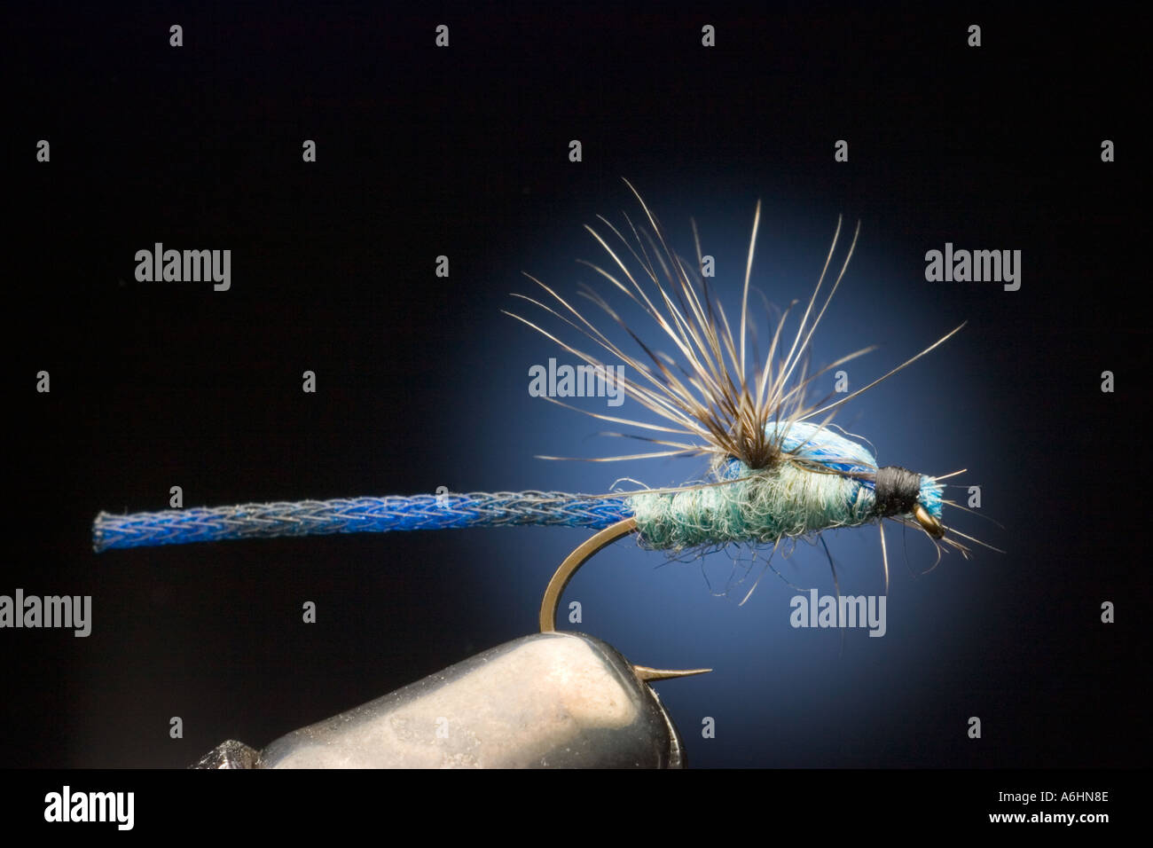 Una imitazione Damselfly dry fly esca artificiale in una morsa. Foto Stock