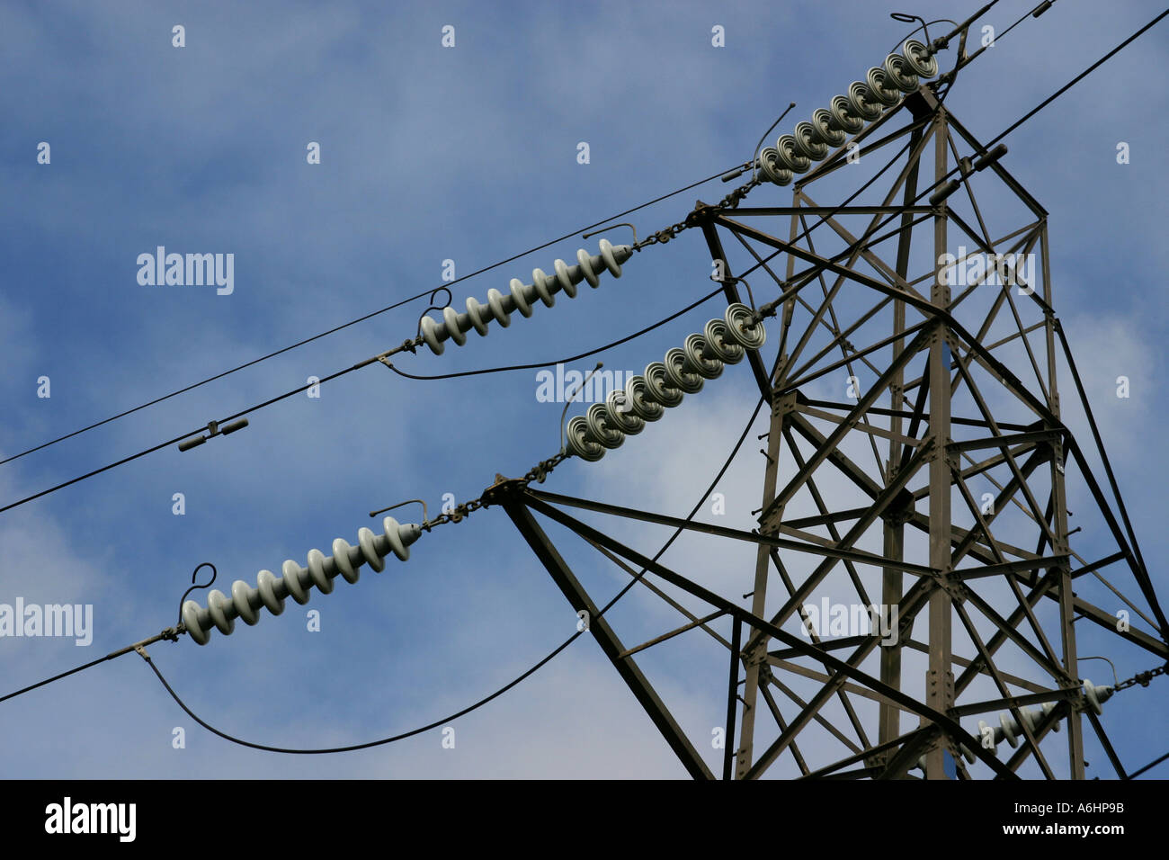 Chiudere il colpo di energia elettrica ad alta tensione isolatori del pilone per la national grid Foto Stock