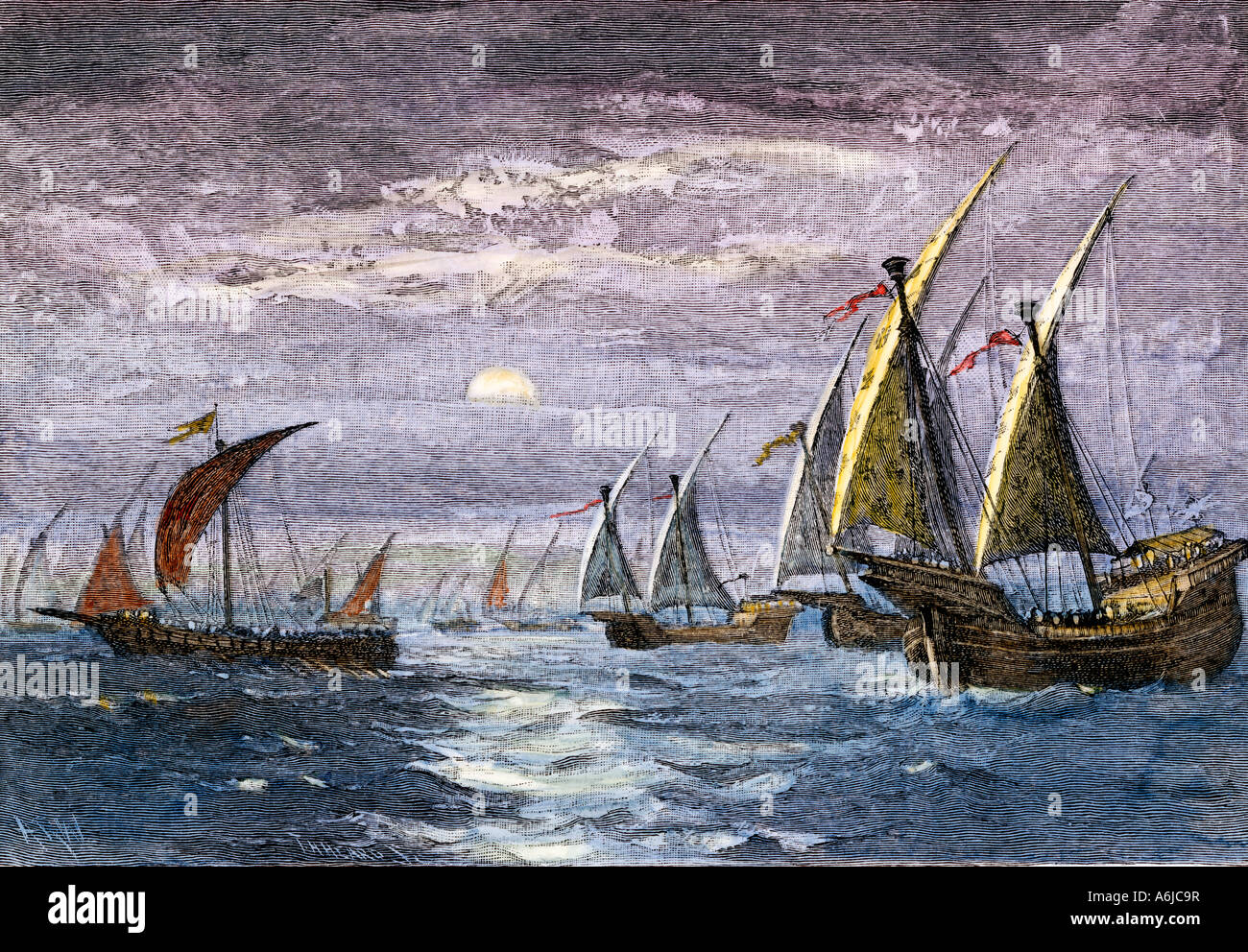 Le navi europee del tempo di Guglielmo il Conquistatore 1066. Colorate a mano di mezzitoni un illustation Foto Stock