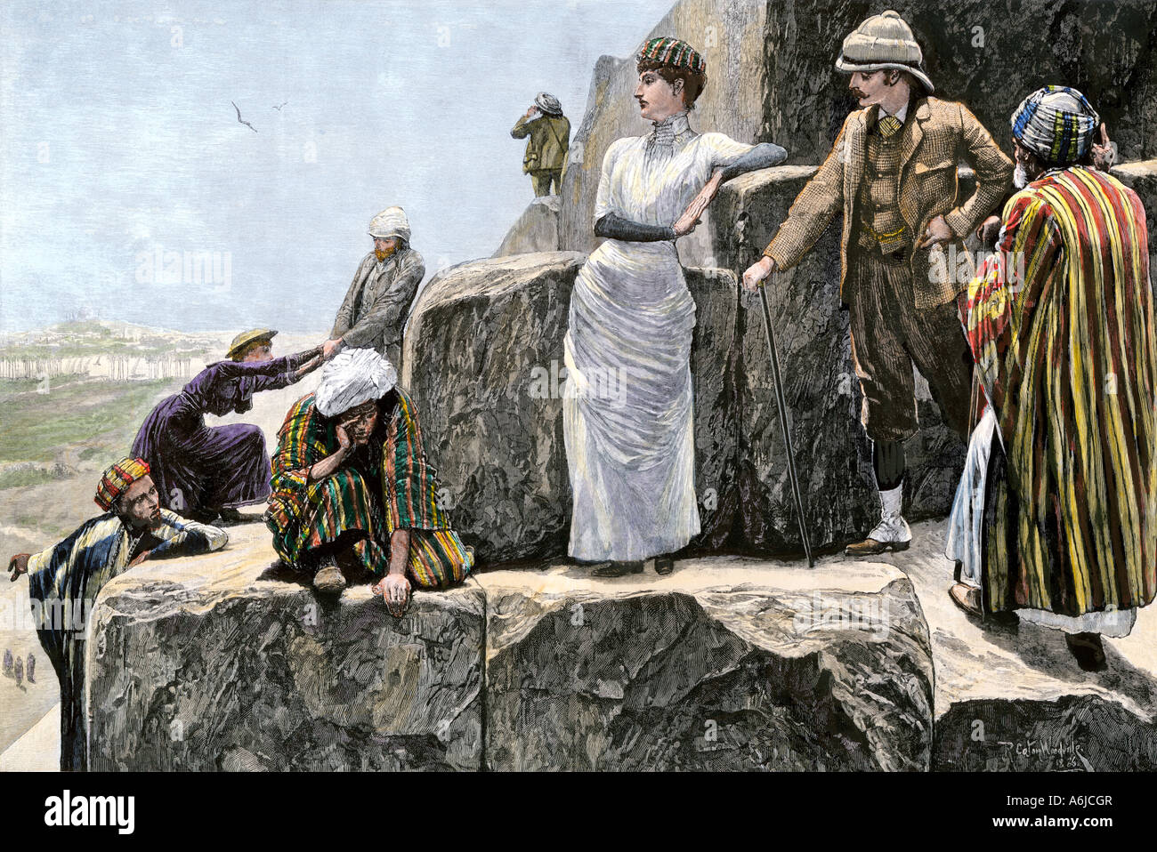 Turisti britannici risalendo la grande piramide in Egitto 1880. Colorate a mano la xilografia Foto Stock