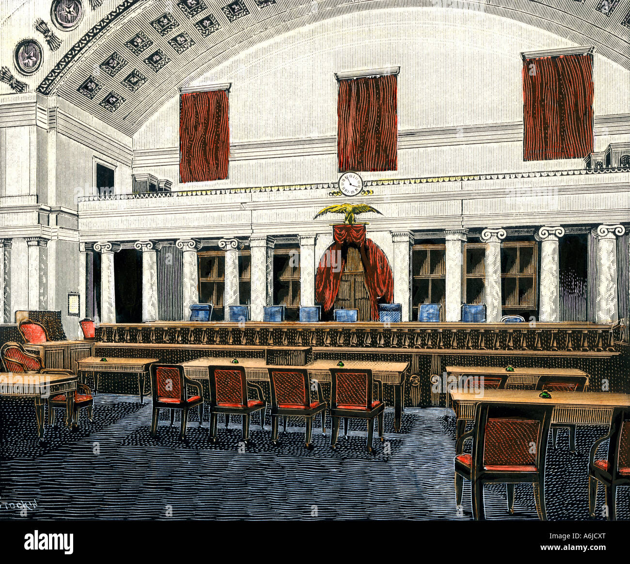 La Corte suprema degli Stati Uniti camera 1890s. Colorate a mano la xilografia Foto Stock