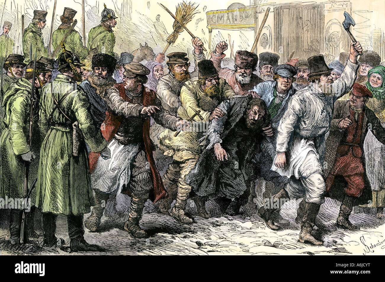 Assalto a un ebreo in vista dell'esercito russo a Kiev 1880. Colorate a mano la xilografia Foto Stock