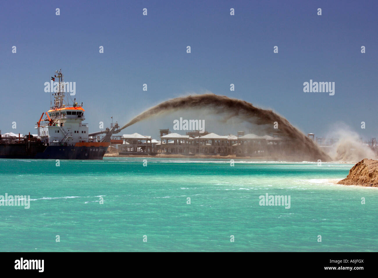 Costruzione di isola artificiale Palm Jebel Ali, Dubai, Emirati Arabi Uniti Foto Stock