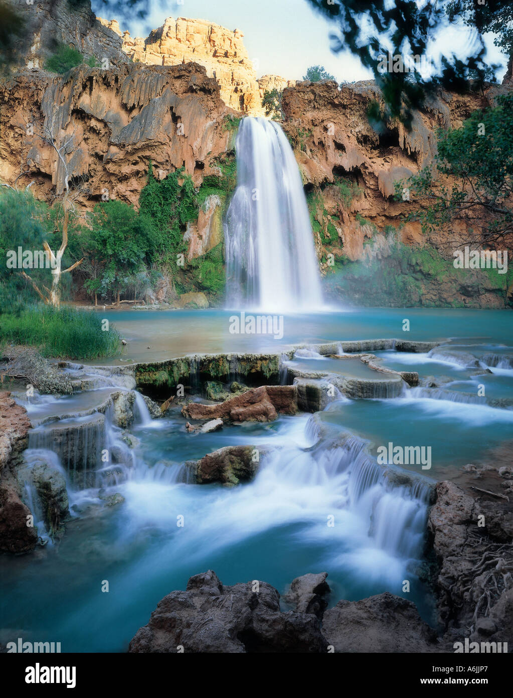 Turquiose le acque della piscina inferiore Havasu Falls, sul Havasupai Indian Reservation, Supai AZ. Foto Stock