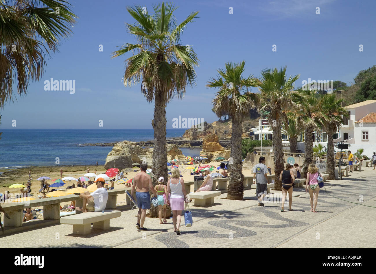 Il Portogallo, Algarve Olhos de Agua, passeggiata costeggiata da palme Foto Stock
