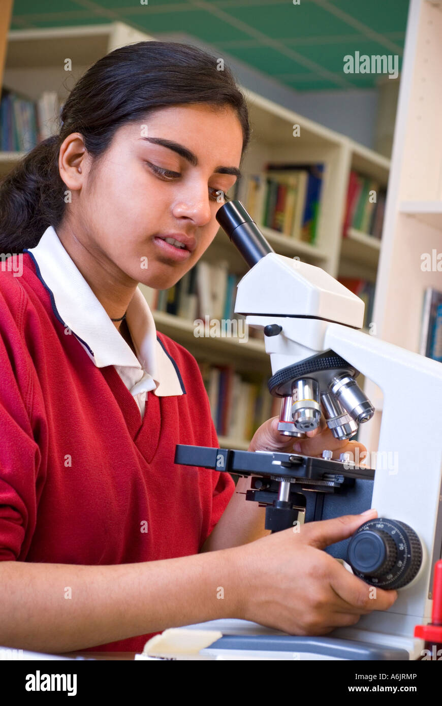 Asian teenage 15-17 anni una studentessa di concentrazione uniforme usando il suo microscopio nella scuola di biologia della libreria di riferimento esame di studi di riferimento Foto Stock