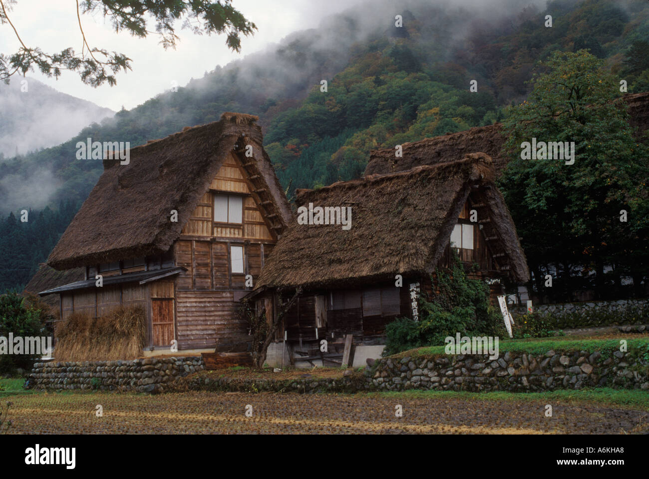 Case di campagna con Gossho Zukori tetto di paglia nel villaggio di montagna di OGAMACHI GIAPPONE Foto Stock