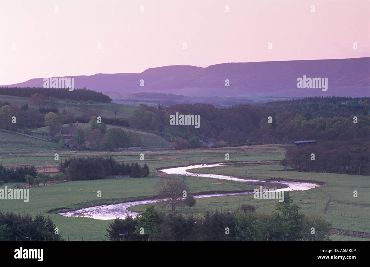 Il fiume Coquet a correre verso le colline Simonside. Northumberland a sunrise Foto Stock