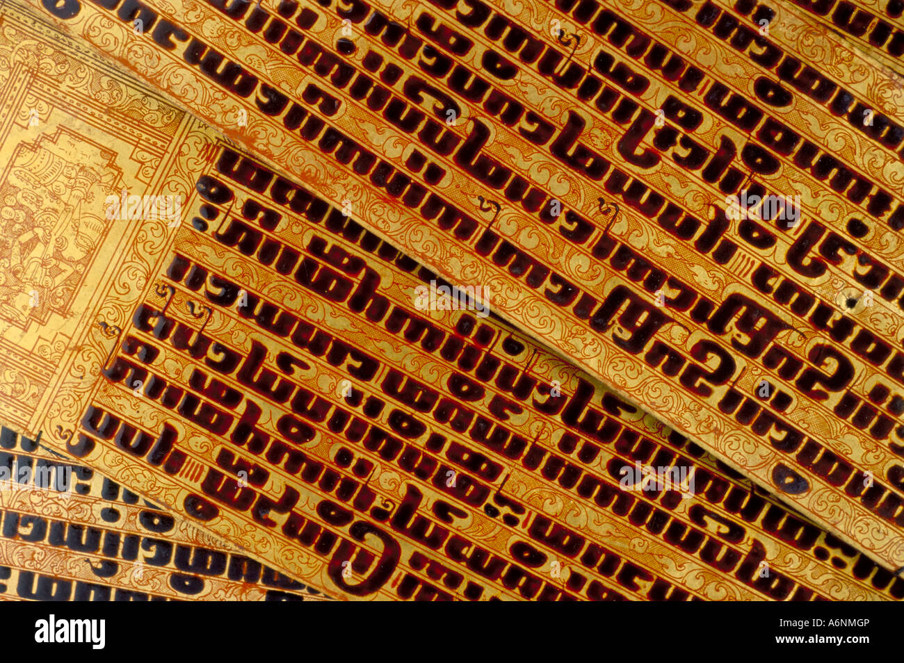 Close up di testi buddisti MYANMAR Birmania Asia Foto Stock
