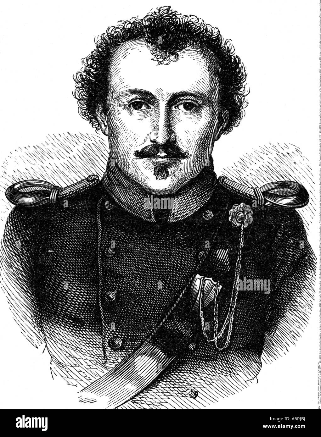 Motte Fouquet, Friedrich de la, 12.2.1777 - 23.1.1843, autore tedesco/scrittore, ritratto, in uniforme della volontaria Jaegers, 1813 Foto Stock