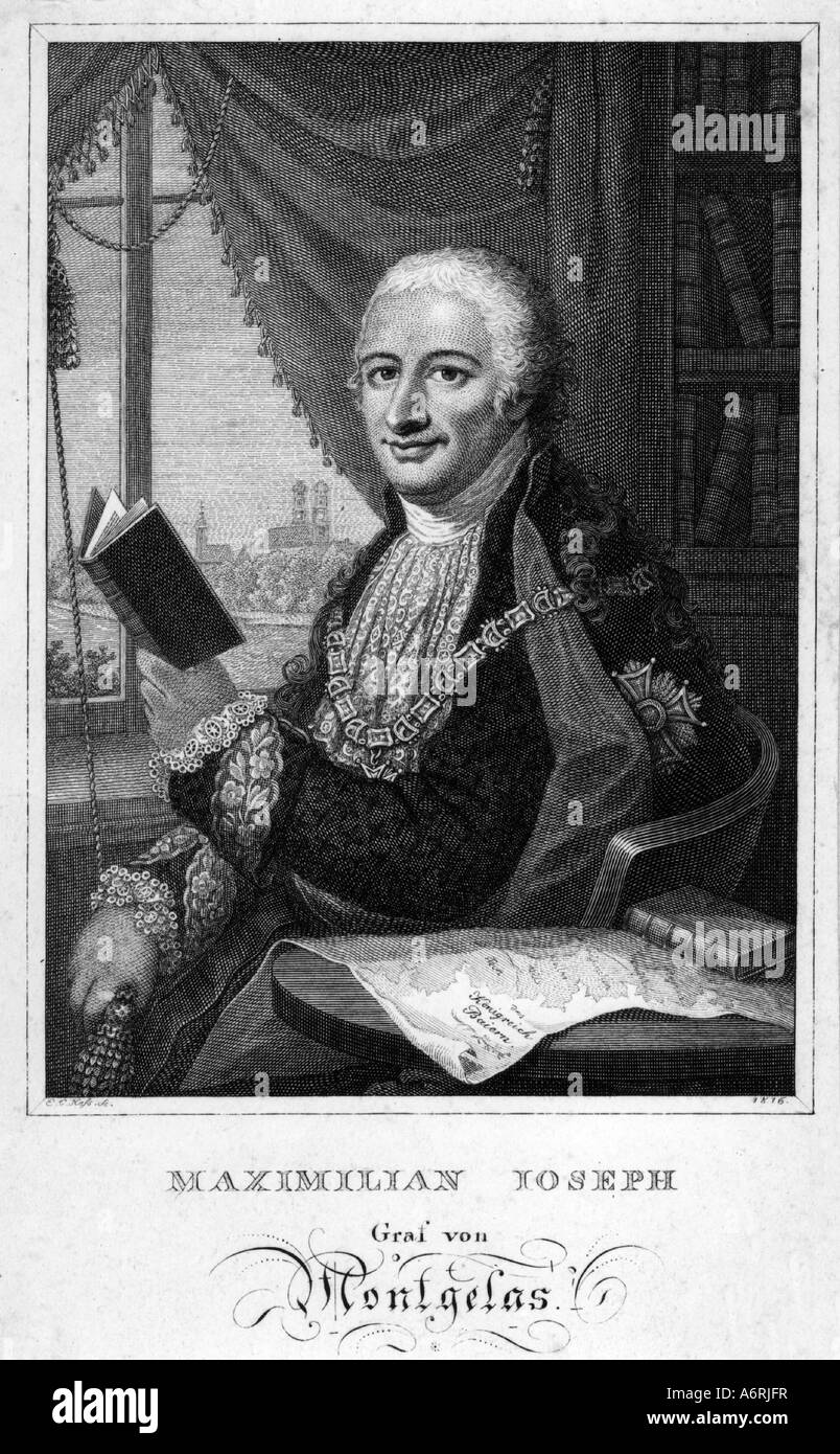 Montgelas, Maximilian Josef Garnerin conte von, 10.9.1759 - 14.6.1838, uomo politico bavarese, ministro e mezza lunghezza, rame engrav Foto Stock