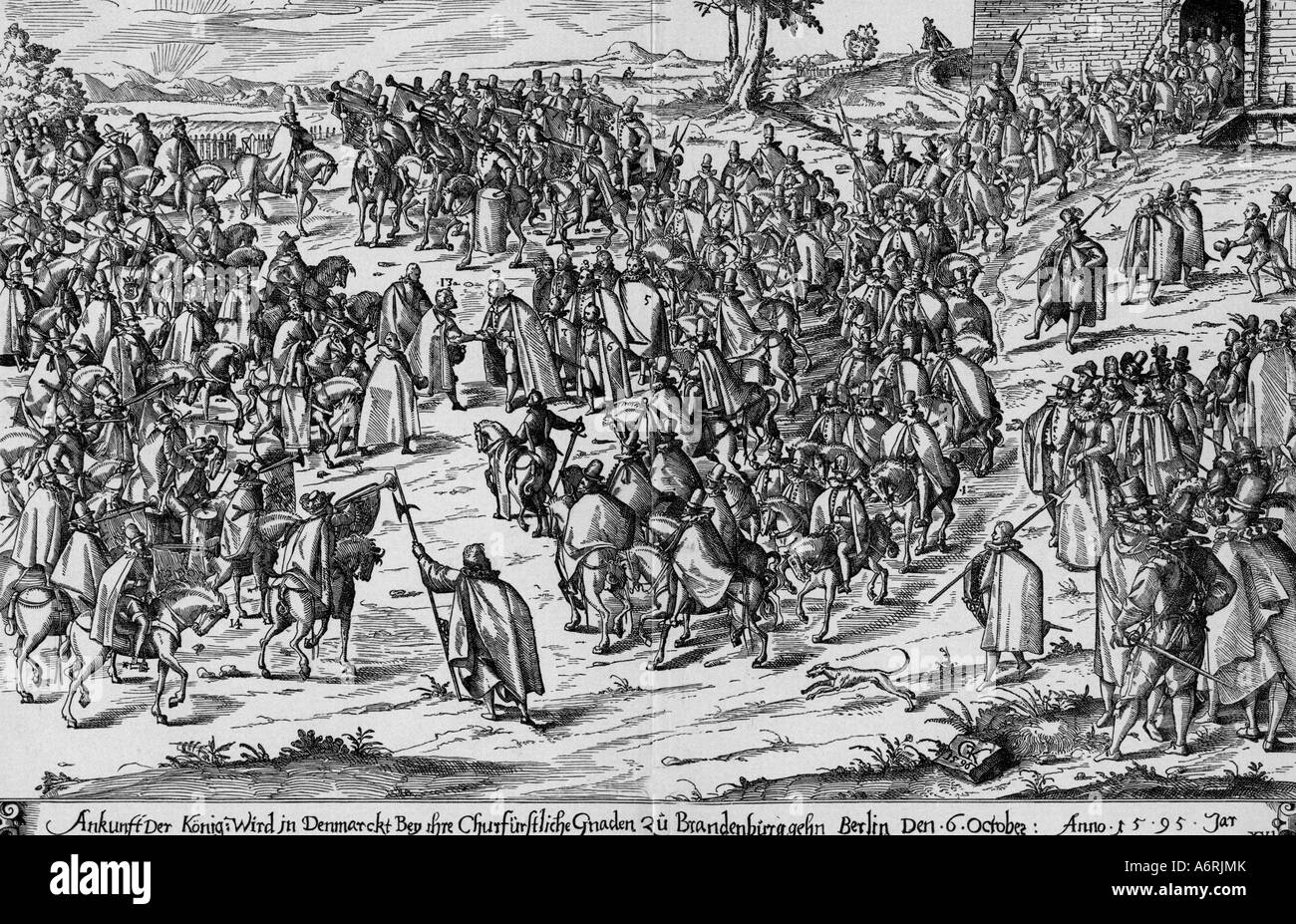 Christian IV., 12.4.1577 - 28.2.1648, re di Danimarca 4.4.1588 - 28.2.1648, visita a Brandeburgo, della ricezione da parte di elettore Johann Ge Foto Stock