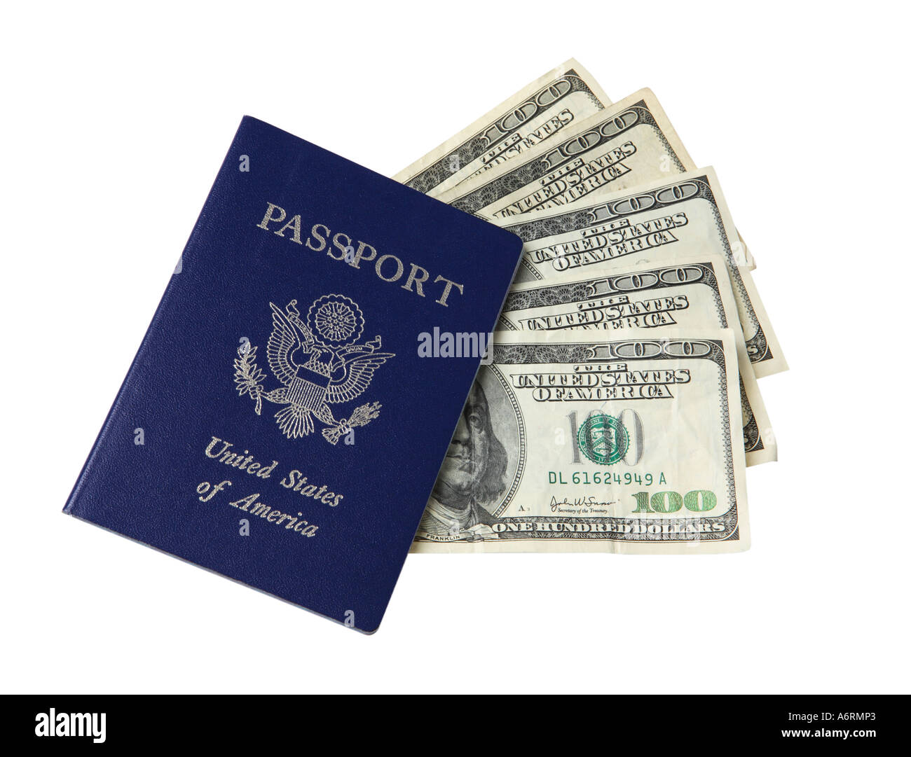 Passaporto e 100 fatture del dollaro Foto Stock